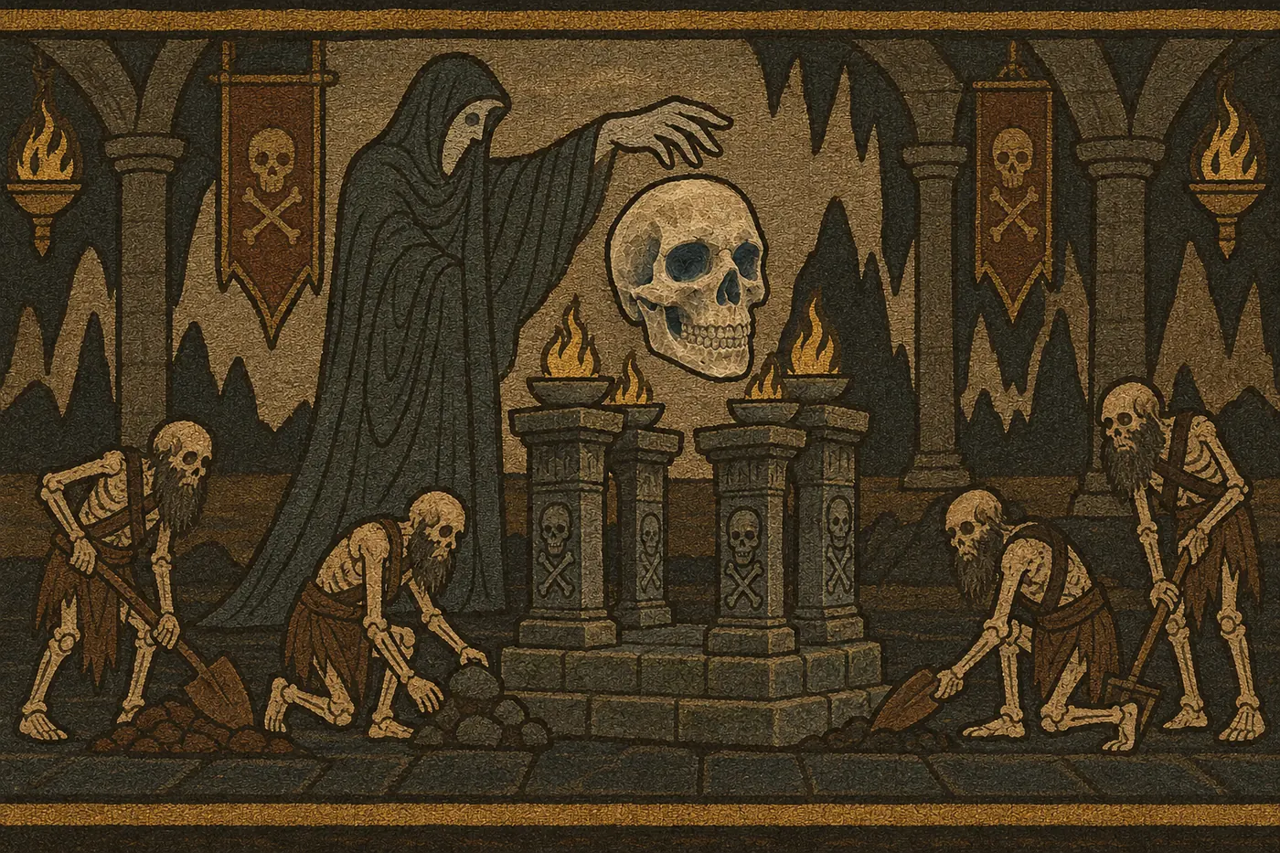 Tapestry: the Warden, a dark-robed hooded spirit, reaches over the heart-shrine and its floating skull while bearded skeleton workers dig with shovels and heap stones around it.