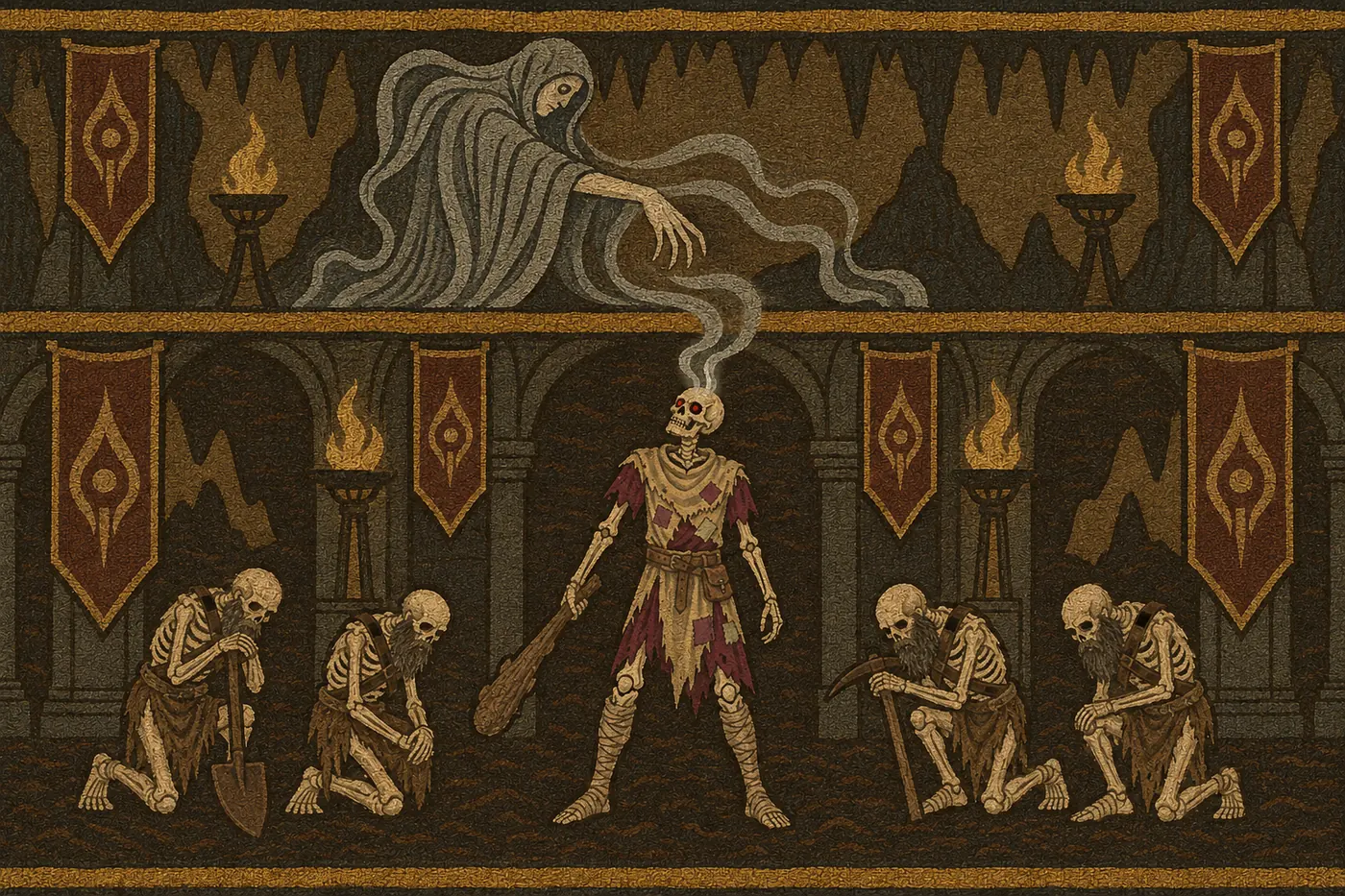 Tapestry: the Warden, a pale hooded spirit, pours itself as smoke into the skull of the champion, a patchwork skeleton with a club, while bearded skeleton workers with shovel and pick kneel on either side.
