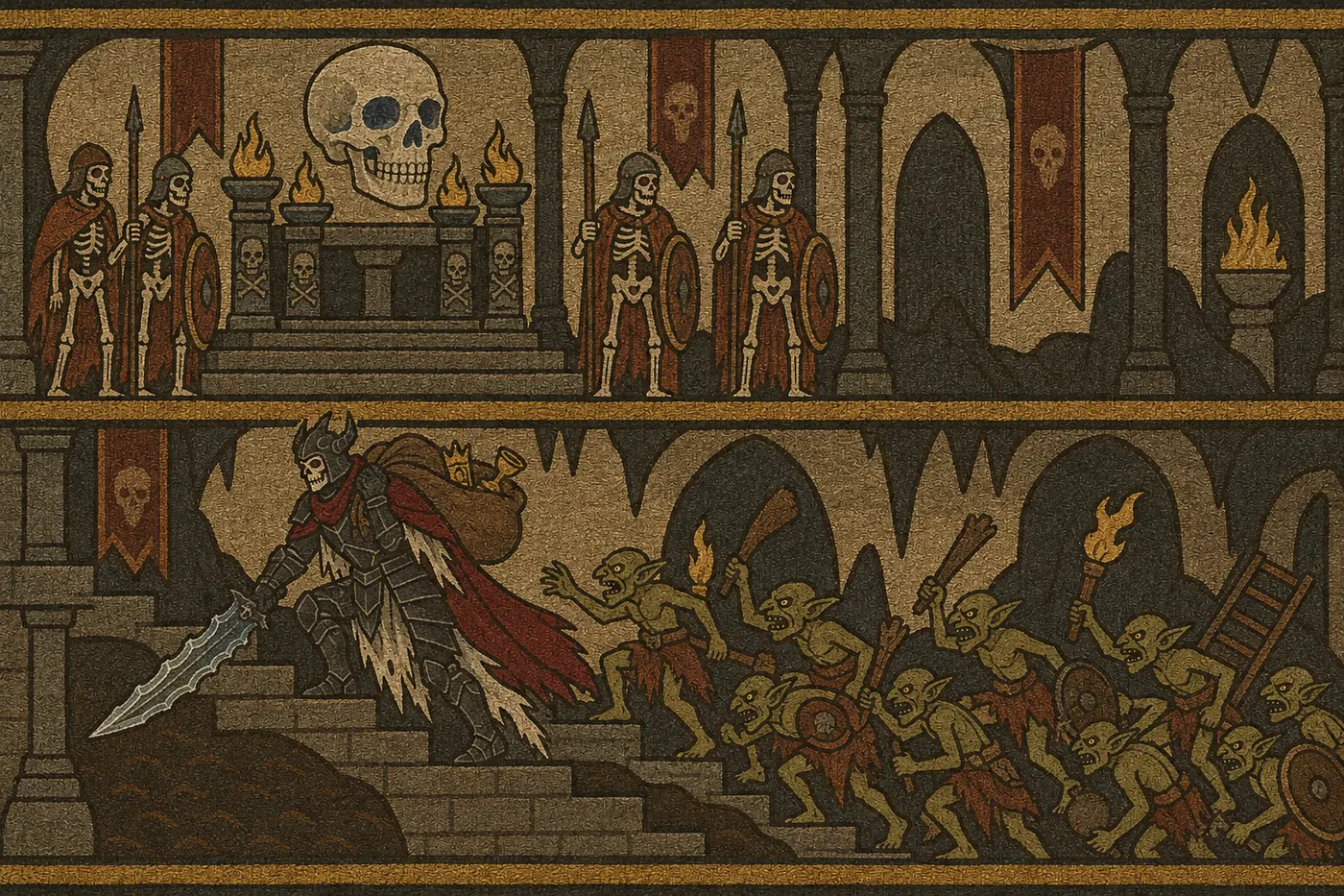 Tapestry in two bands: above, skeleton spearmen guard the skull heart-shrine; below, your champion in black plate climbs the stair with a sack of spoils as a swarm of goblins with torches, clubs, shields and a ladder chases after it.