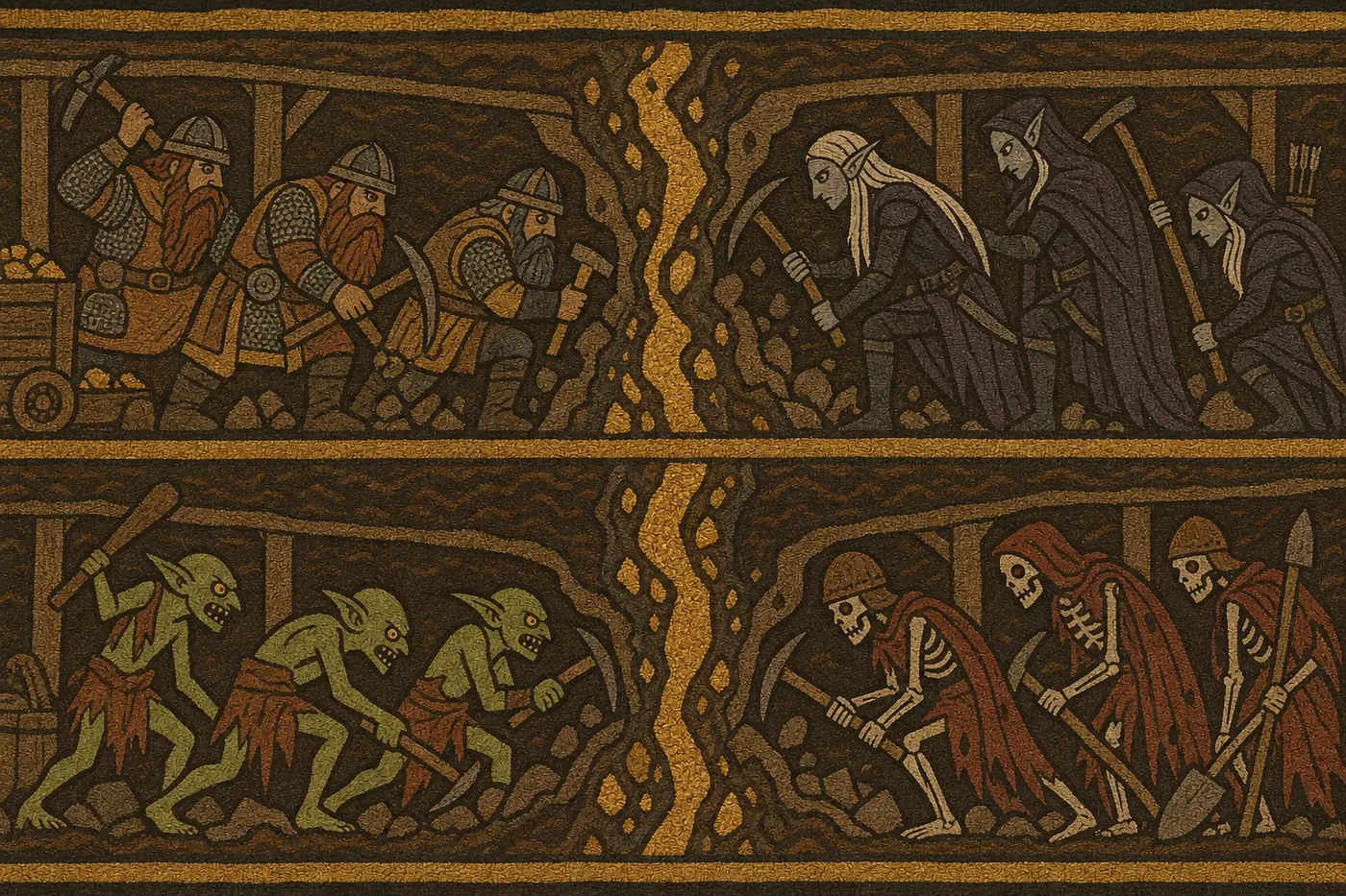 Tapestry in two bands split by a vein of gold ore: dwarfs and dark elves dig towards it from either side above; goblins and skeletons dig towards it from either side below.