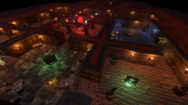 In-game: the foundry and green-glowing vats among the dungeon's rooms.